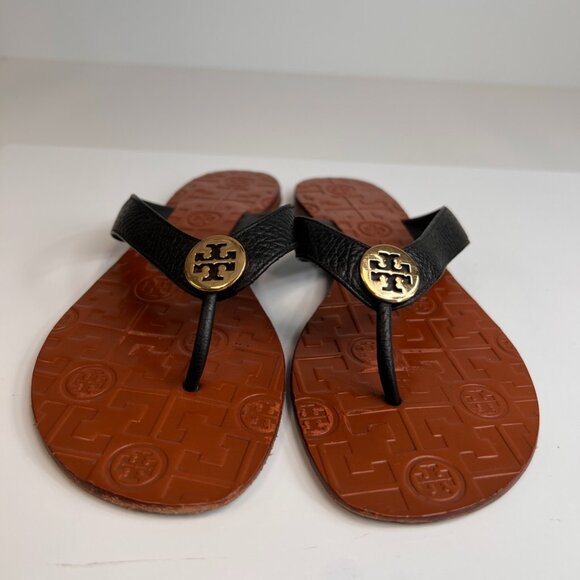 Tory Burch Sandal Women 8 Thora Leather Thong Gold Medallion Flat Party Core Go - Picture 2 of 11